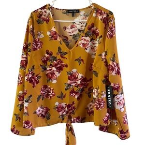Kontrol Floral Women's Blouse V Neck Tie Front Long Sleeve Top Mustard Yellow 1X